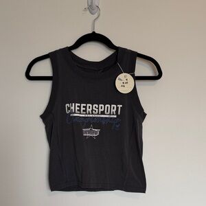Varsity CHEERSPORT Black Tank Top with White and Blue Lettering